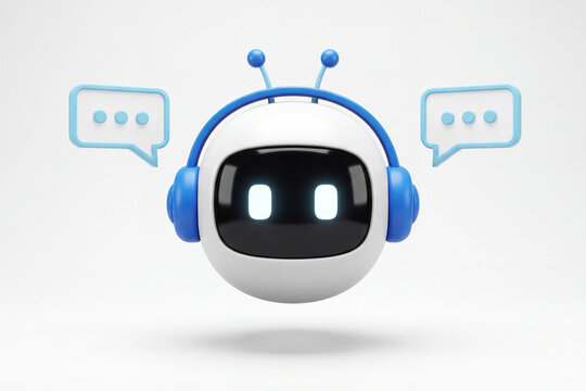 Friendly white robot mascot wearing blue headphones features glowing eyes and hovering speech bubble icons nearby