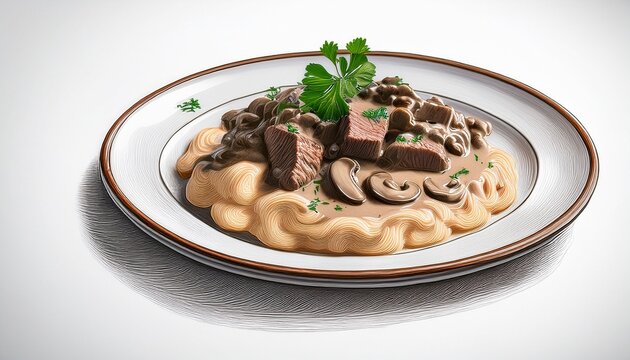 beef stroganoff sketch creamy beef and mushrooms on a plate with detailed drawing
