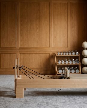 Wooden Pilates reformer machine in a luxury home gym with wood paneled wall, dumbbells and exercise balls. Boutique fitness studio interior