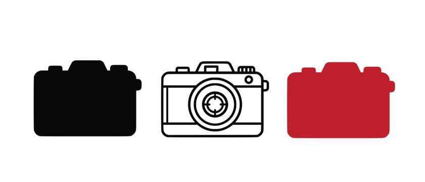 Silhouette Icon Vector Images &ndash; Camera Photography Icon Set in Black, Outline and Red .Camera vector icon