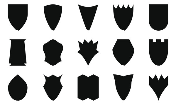 Medieval shield silhouettes set, 15 black heraldic crest shapes, vintage coat of arms templates, blank security and protection icons for logo design