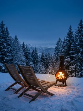 Two wooden deck chairs beside a glowing chiminea fire pit in a snowy mountain forest at dusk. Cozy winter outdoor relaxation and alpine retreat