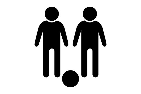 Two stick figure people standing with a ball between them during a game isolated on transparent background