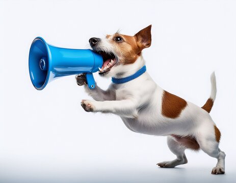 energetic jack russell terrier dog leaping and barking into a blue megaphone isolated on white background