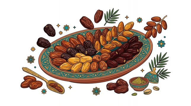 Assorted dry dates fruits on an ornamental plate with golden spoon and palm leaves for ramadan and iftar party