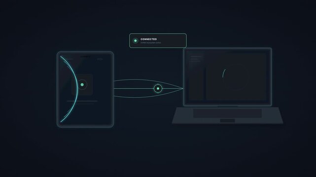 Futuristic Smart Device Connection and Pairing Concept Illustrating Wireless Data Transfer Between Laptop and Tablet
