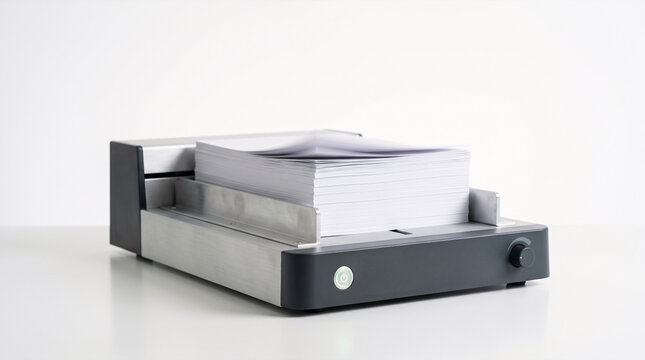 Stacks of paper ready for binding on a professional document machine