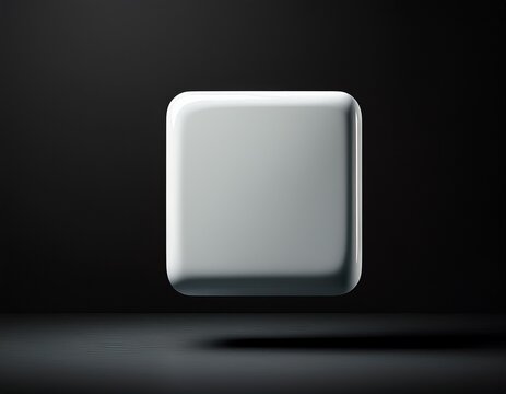 a minimalist square white object with rounded corners floats against a black backdrop