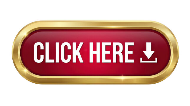 Red glossy button with golden frame and download icon isolated on transparent background