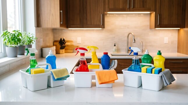 White plastic organizer caddies filled with colorful cleaning supplies, spray bottles, sponges, brushes, and microfiber cloths sitting in a line on a clean white kitchen countertop, representing home 