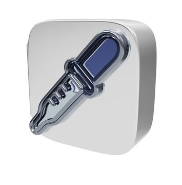 Pipette dropper icon designed as a metallic 3D render with blue liquid on a square button.