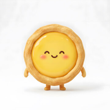 Cute 3D egg tart character with happy smiling face standing on white background, adorable bakery mascot illustration