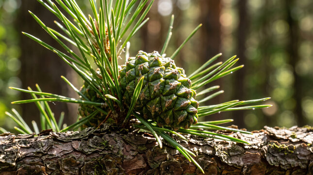 Close-up of a brown pine cone resting on green pine needles branches with light frost snow in blurred winter forest background, natural evergreen details, cold season woodland macro