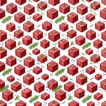 Seamless pattern of fresh raw beef cubes with rosemary sprigs and black pepper, isometric food pattern on white background