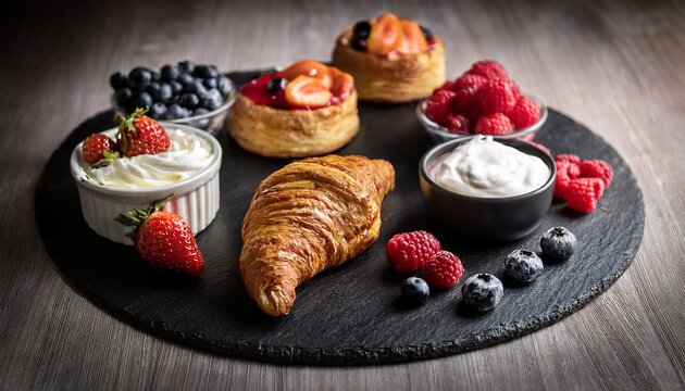 luxury brunch scene with berries cream and pastries arranged on a slate board moody tones