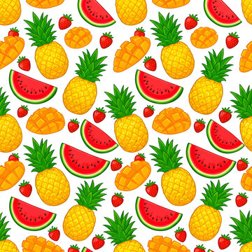 Seamless pattern of tropical fruits featuring pineapple watermelon slices mango cubes and strawberries on white background