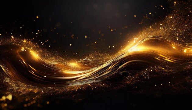 water wave splashing shimmering gold particles dynamic abstract motion dark background