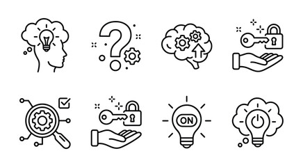 Obraz premium Creative thinking icon set illustration. Collection of brain, question mark, light bulb, magnifying glass, puzzle, and idea icons representing problem solving, innovation, and intelligence.