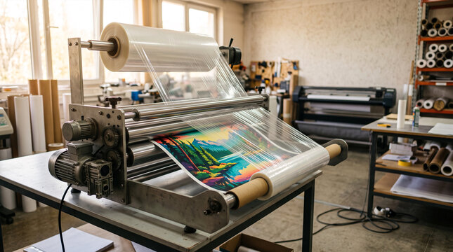 Printing machine applying protective plastic film to colorful graphic art print