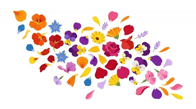 Assorted Vibrant Edible Flowers and Petals Collection Including Rose Pansy Lavender Marigold Illustration