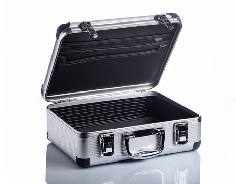 a sleek silver metal briefcase with open lid