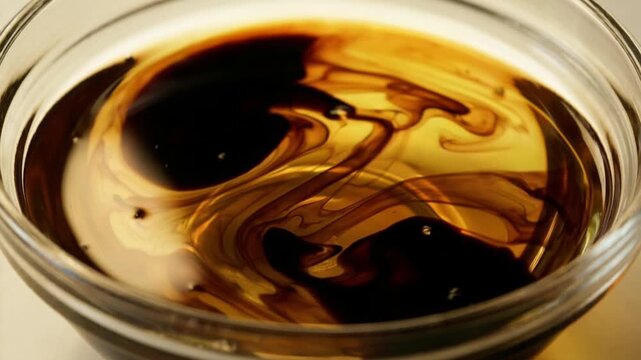 Coffee and cream swirl in glass bowls, dark espresso ribbons drifting through warm amber tones in gourmet macro. Coffee mixture creates fluid marbled patterns with smooth motion and concentric swirls.