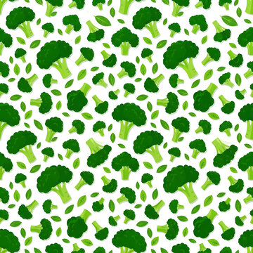 Seamless vector pattern of cartoon green broccoli heads and leaves floating on white background, cute vegetable wallpaper design