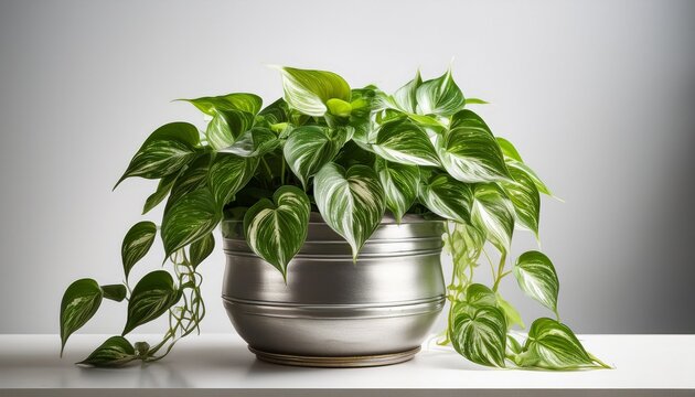 lush variegated pothos plant with trailing vines in a silver pot