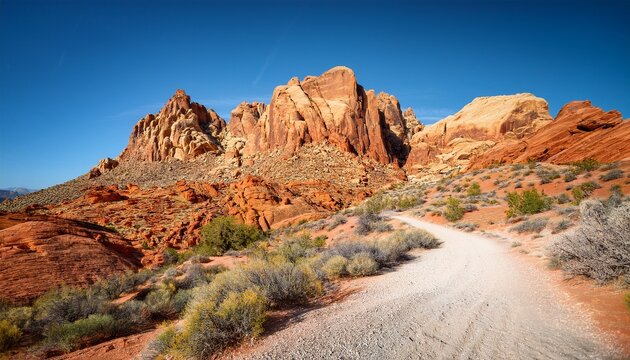 white gravel hiking trail winding up steep rocky hillside with vivid red and yellow stone formations under clear sky scenic desert mountain landscape