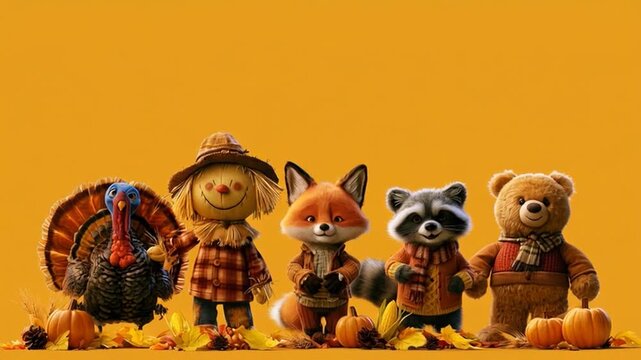 Cute Thanksgiving Forest Family &mdash; a charming, hyper-realistic bear, raccoon, fox, and a cute turkey dancing happily together, accompanied by a friendly scarecrow.