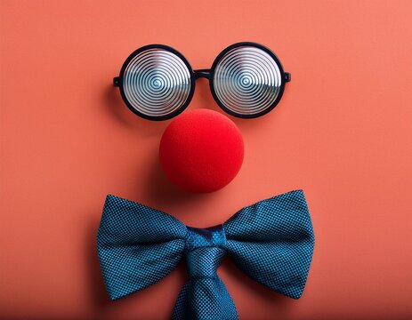 funny glasses red clown nose and tie lie on a colored background like a face