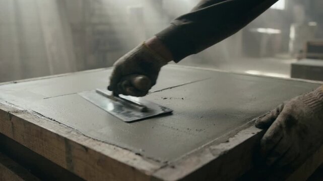 Gloved worker smooths concrete on tabletop, focused in industrial workshop. Worker uses metal trowel across wet surface, finishing slab with careful pressure and steady hand for even finish.
