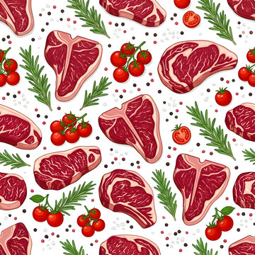 Seamless pattern of fresh raw beef steaks with cherry tomatoes, green rosemary herbs and black pepper corns, gourmet meat vector illustration texture