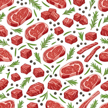 Seamless background pattern of various raw beef meat cuts, diced beef cubes, rosemary sprigs and black pepper, vector butcher shop pattern