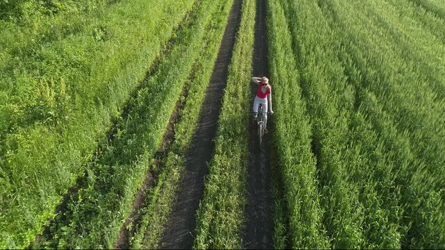 Aerial view of a woman cycling along a dirt path through a vibrant green field on a sunny day in Russia.