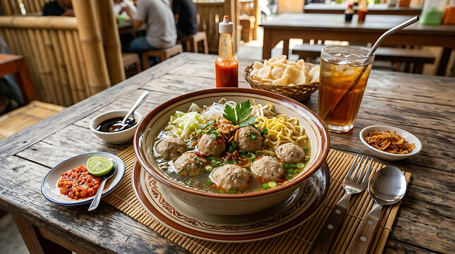 Top view of traditional Indonesian Bakso meatball soup served in clay bowl with yellow noodles, rice vermicelli, vegetables, tofu, and meatballs. Served with shrimp crackers, sambal, lime, sweet soy s