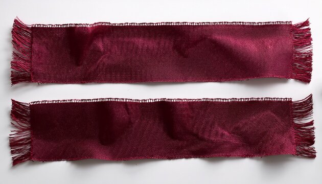 two frayed burgundy fabric strips laid out horizontally on a white background for craft