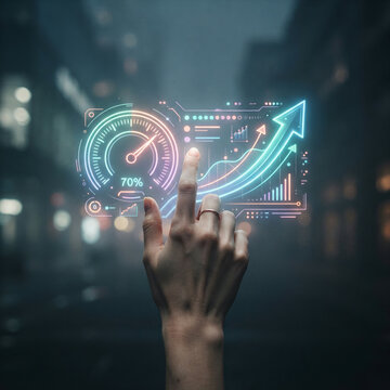 Hand touching a neon holographic data display against blurred city lights