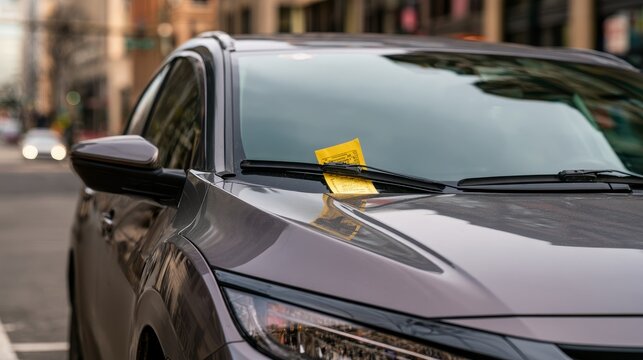 Bright yellow parking ticket tucked under the windshield wiper of a modern gray car parked on a city street, illustrating parking violation, traffic enforcement, urban transportation and legal penalty