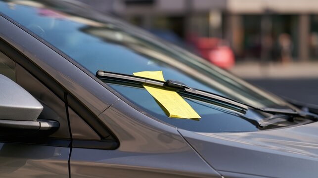 Bright yellow parking ticket tucked under the windshield wiper of a modern gray car parked on a city street, illustrating parking violation, traffic enforcement, urban transportation and legal penalty