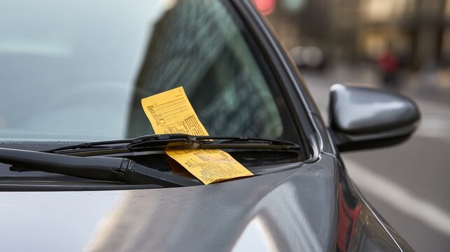 Bright yellow parking ticket tucked under the windshield wiper of a modern gray car parked on a city street, illustrating parking violation, traffic enforcement, urban transportation and legal penalty