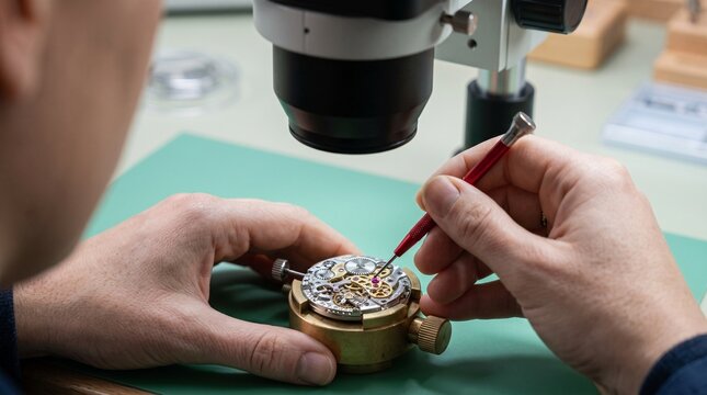 Watch technician lubricating mechanical jewel under microscope, vertical precision horology service portrait