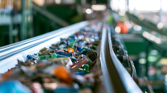 Waste conveyor belt at a recycling plant moving mixed waste for sorting into different fractions, collection and further processing, illustrating recycling, waste management industrial sustainability
