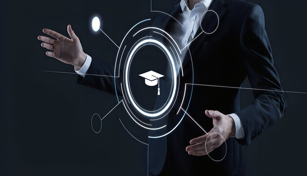 Faceless manager interacting with digital education interface and virtual learning icon