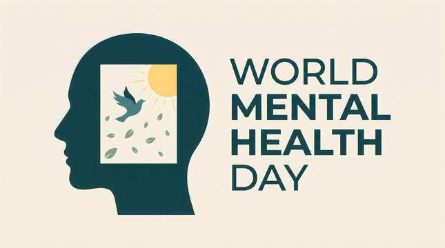 Minimalist illustration for world mental health day featuring a human head silhouette with a peaceful bird flying inside