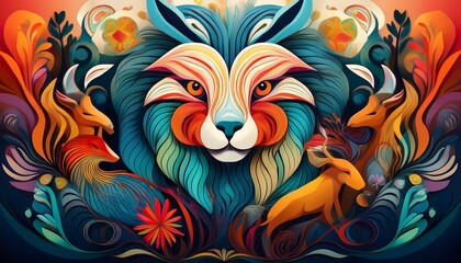 colorful abstract composition of stylized animals in vibrant layers