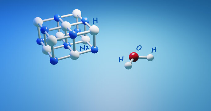 Sodium hydride crystal structure and water reaction. 3d render illustration. 