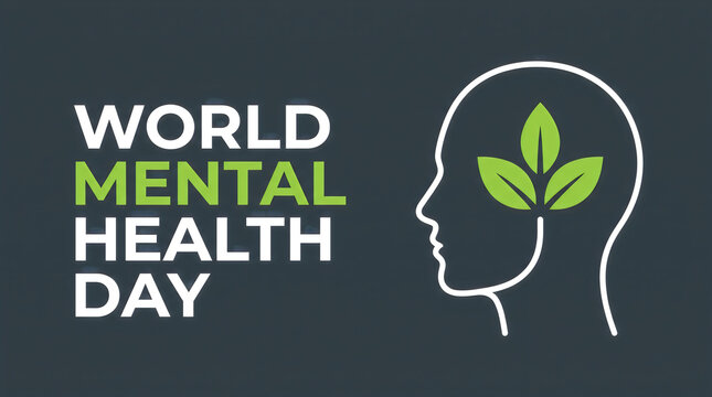 Minimalist graphic design for world mental health day featuring a human head silhouette with green leaves growing inside