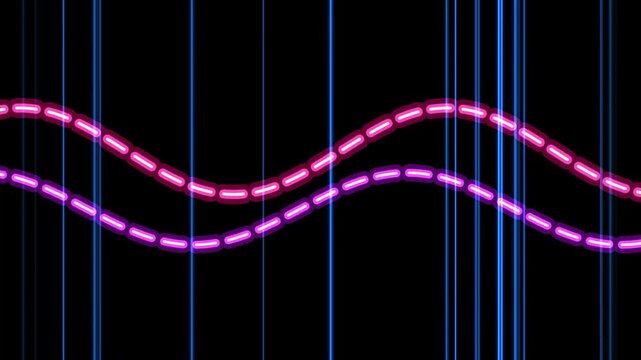 Two intersecting neon pink dotted wave lines with vertical blue light streaks on black background 4k video