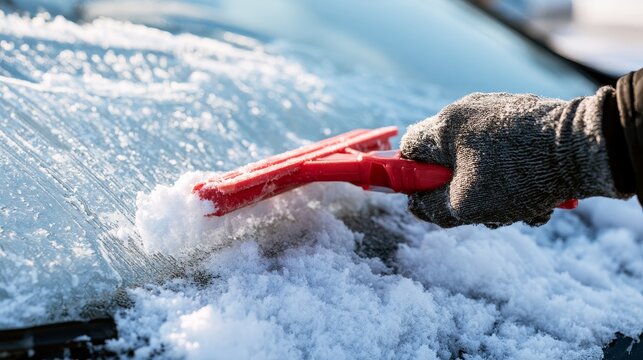 Driver removing snow and icy frost from a car windshield with an ice scraper during winter, cleaning the vehicle window for clear visibility, safe driving and cold weather travel